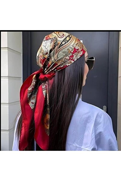 Accessories Hei Red Patterned Stylish Silk-Look Women's Accessory Scarf Foulard 90X90 cm