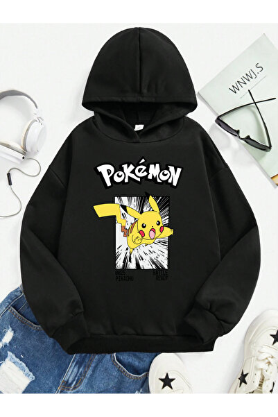 SVART WEAR سترة بيكاتشو مطبوع مصنوعة من القطن بنسبة 100% مع جيب كنغر بغطاء رأ...