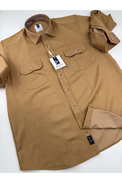 MEGALDİ Erkek Regular Kesim Çift Cepli Uzun Kollu Hardal Ceket Gömlek