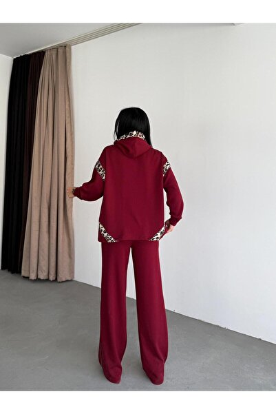 Bak'ap Premium Leopard Print Detailed Wide Leg Pants-Sweatshirt Tracksuit Set