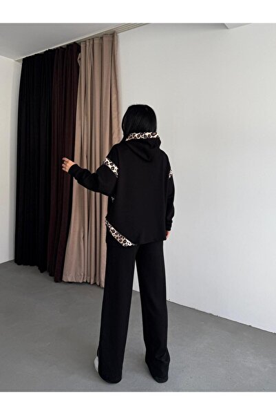 Bak'ap Premium Leopard Print Detailed Wide Leg Pants-Sweatshirt Tracksuit Set