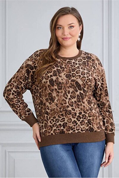 FOR ESRA BIG TREND Women's Plus Size Leopard Print Ribbed Detail Crew Neck Soft Stretchy Blouse