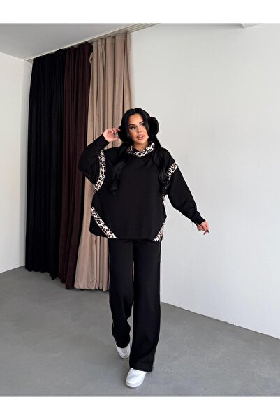 Bak'ap Premium Leopard Print Detailed Wide Leg Pants-Sweatshirt Tracksuit Set