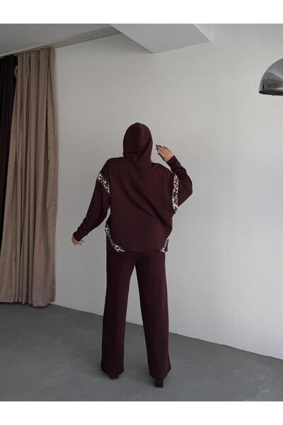 Bak'ap Premium Leopard Print Detailed Wide Leg Pants-Sweatshirt Tracksuit Set