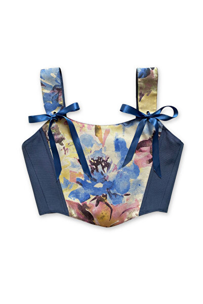 L'Aura Corset Mavi Çiçek Desenli Çift Taraflı Korse Büstiyer