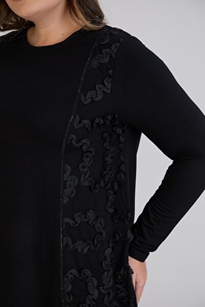 FOR ESRA BIG TREND Women's Plus Size Side Tulle Ruffle Detailed Bottom Faux Leather-Look Stretchy Tunic