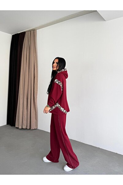 Bak'ap Premium Leopard Print Detailed Wide Leg Pants-Sweatshirt Tracksuit Set