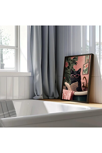 Esci Design Black Framed Bathroom Animal Painting - Luxury Cat Painting - Trendy Bathroom Painting - Luxury Wall Art