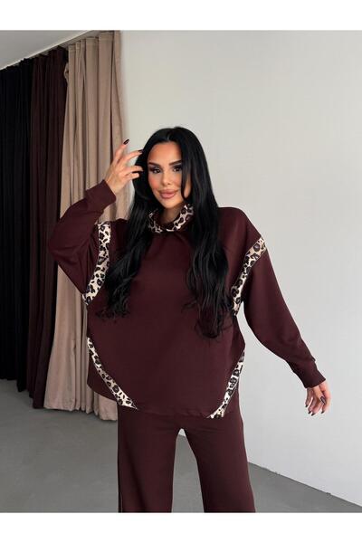 Bak'ap Premium Leopard Print Detailed Wide Leg Pants-Sweatshirt Tracksuit Set