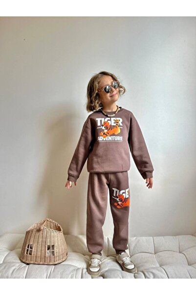 YİGİT BUTİK Tiger Character Printed Boy's Top and Bottom Set