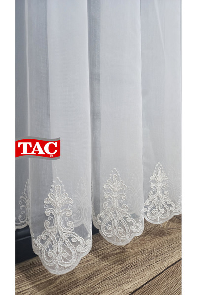 Taç Embroidered Court Damask Living Room Model Style Design Force Exculusive 3 Layer Pleated Tulle Curtain