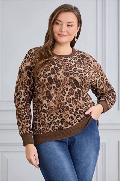 FOR ESRA BIG TREND Women's Plus Size Leopard Print Ribbed Detail Crew Neck Soft Stretchy Blouse
