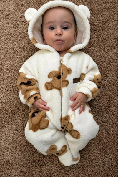 Minizade Wellsoft Plush Unisex Zippered Winter Baby Sleeping Bag Teddy Bear Printed Baby Jumpsuit Children's Jumpsuit