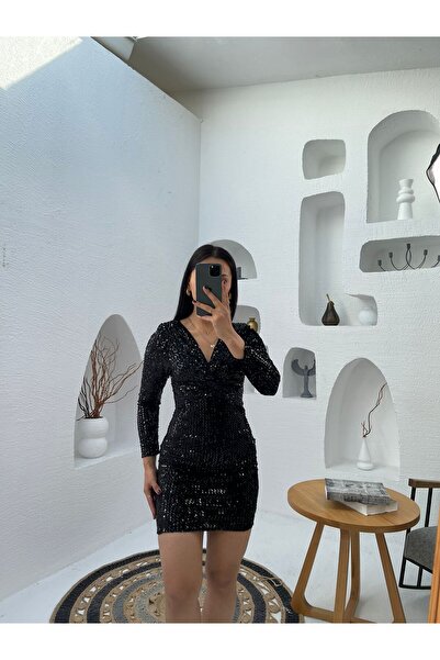 Nida Boutique V Yaka Uzun Kollu Düğüm Detaylı Kadife Pulpayet Elbise