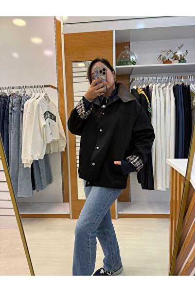 inmuse Black Plaid Lined Polyviscon Fabric Jacket with Brown Leather Collar