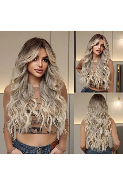 animis beauty Ash blonde wig, Premium synthetic fiber with a look, long wavy hair, with bangs, 65 cm