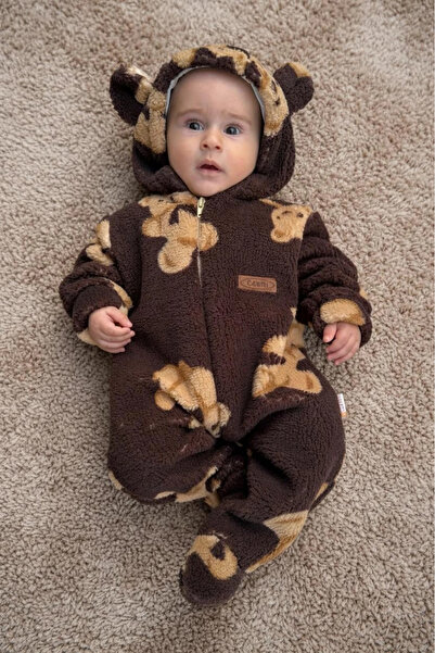 Minizade Wellsoft Plush Unisex Zippered Winter Baby Sleeping Bag Teddy Bear Printed Baby Jumpsuit Children's Jumpsuit