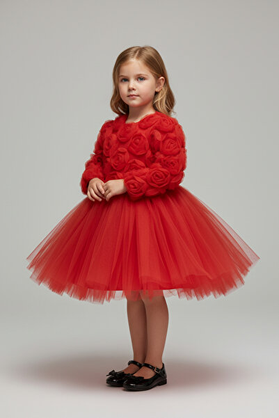 Magu Girl's Red 3D Rose Applique Tulle Evening Dress – Special Occasion & New Year's Eve