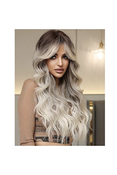 animis beauty Ash blonde wig, Premium synthetic fiber with a look, long wavy hair, with bangs, 65 cm