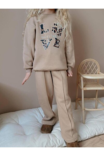 YİGİT BUTİK Love Printed Girl's Bottom Top Set