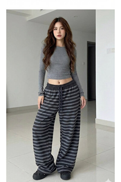 Köstebek Μαύρο γκρι ριγέ παντελόνι με ελαστική μέση