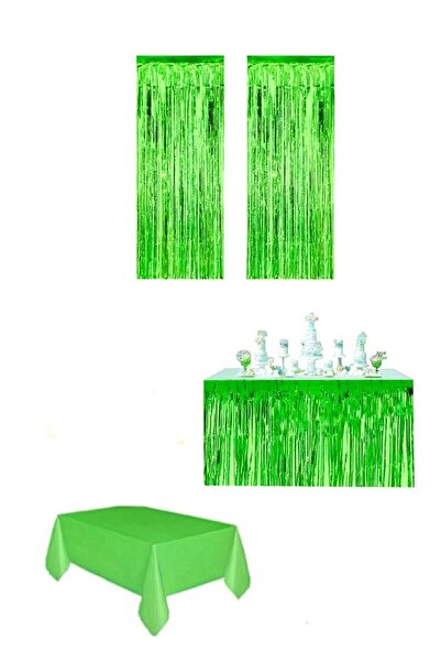 Bkmc Yeşil Renk Metalize Perde Metalize Masa Eteği Plastik Masa Örtüsü