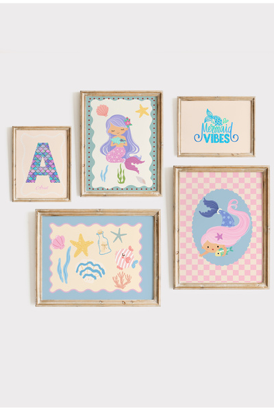 leilart Retro Deniz kızı temalı Çocuk ve Bebek Odası Çerçeveli Poster set