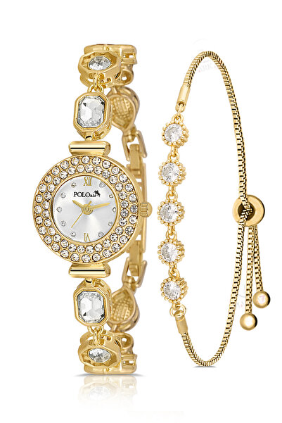 Polo Air Geometrik Kristal Taş Kordon 5 Taş Bileklik Kombin Gold Renk PL-1578B1