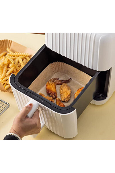 Next Trend Set of 100 heat-resistant air fryer baking papers in plastic holder with lid, 20×20×4.5 cm (square