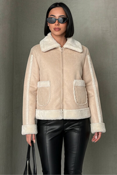 KUKA BUTİK New Season Women's Rapitli Zr Leather Suede Beige Coat