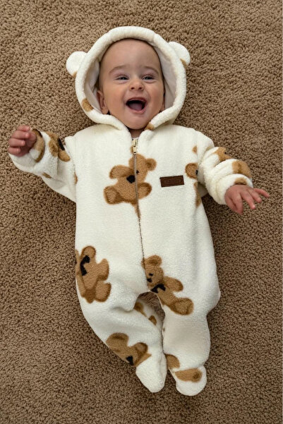 Minizade Wellsoft Plush Unisex Zippered Winter Baby Sleeping Bag Teddy Bear Printed Baby Jumpsuit Children's Jumpsuit