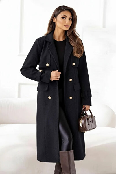 UniqueStore.ro Palton negru elegant cu șnur și nasturi aurii