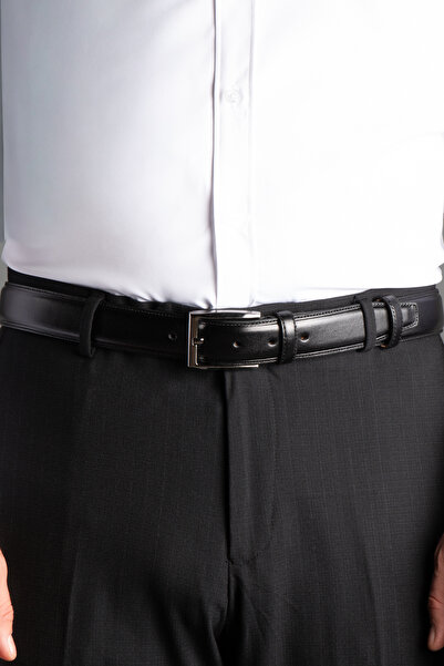 ZEKİ ÖZER Men's Black Stitched Genuine Leather Belt 3.5 cm
