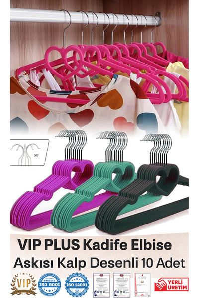 Vip Home Concept Market Ürünleri Kaymaz Kadife Elbise Askısı Kalp Desenli 10 Adetli Renkli VİP PLUS