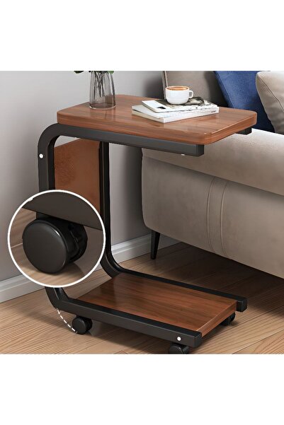 Next Trend Coffee or Laptop Table, Compact Design, Carbon Steel, 2 Wooden Shelves, 4 Wheels, Storage Pocket, 65