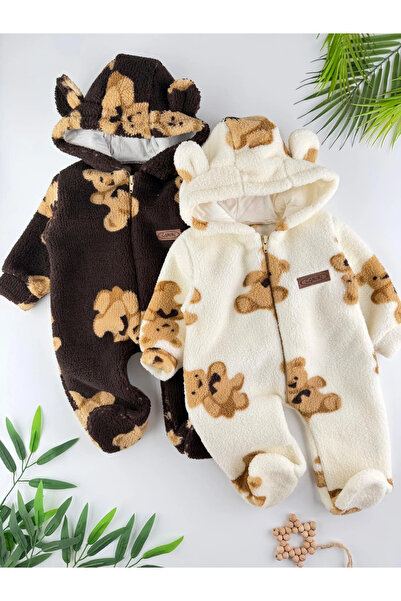 Minizade Wellsoft Plush Unisex Zippered Winter Baby Sleeping Bag Teddy Bear Printed Baby Jumpsuit Children's Jumpsuit