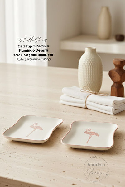 Anadolu Saray Handmade Ceramic Set of 2 Flamingo Patterned Square (Toast Shape) Plates | Breakfast Presentation Plate