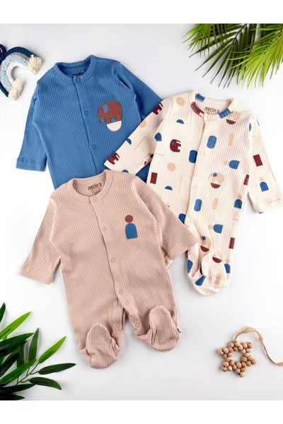 Minizade Shapehant Printed 100% Cotton 3-Piece Romper Set Organic Baby Boy Romper Set