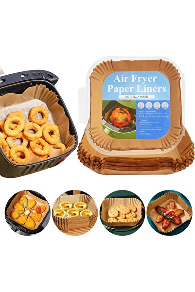 Next Trend Set of 100 heat-resistant air fryer baking papers in plastic holder with lid, 20×20×4.5 cm (square