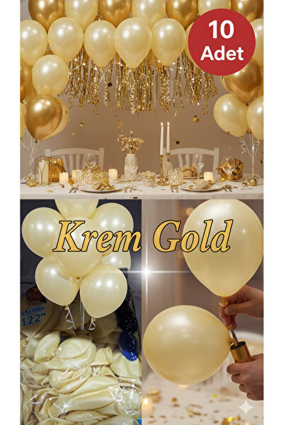 TOYFEST 10 Adet Krem Gold Parıltılı Metalik Balonlar ✨ Parti & Kutlama Paketi