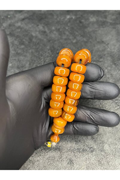 Mos Tespih 925 Sterling Silver Tassel-Adorned Old High-End Collectible Crimped Amber Prayer Beads with Sitting Imam