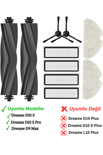 RotRever Dreame Bot D10S,D10S Pro Compatible Hepa Filter,Silicone Main Brush Spare Parts Set Black-10 Pieces