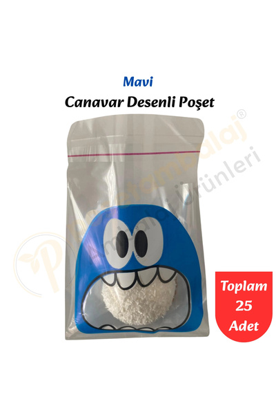 CarpCorn 25 Adet Mavi Canavar Desenli Cake Pop & Kurabiye Poşeti-10x15 cm