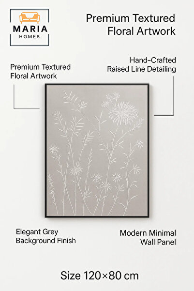 MARIA HOMES Modern 3D Wall Art – Grey Floral Decorative Panel with Raised Botanical Design 120×80 cm