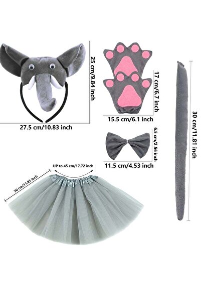 Generic 5-Piece Elephant Costume Set - Ears, Headband, Nose, Tail, Bow Tie, Tutu Skirt (Kids)