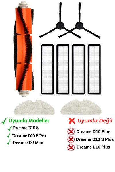 RotRever Dreame D10S, D10S Pro Compatible Hepa Filter, with Bristle Brush, Mop Pad Spare Parts Set Black - 9 Pieces
