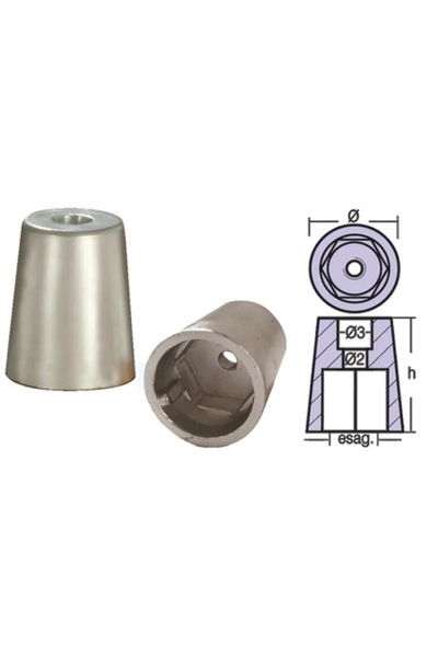 GFN Anozi conici de zinc, tip rădăcină, diametru tijă 40 mm, diametru exterior 52 mm, anod hexagonal