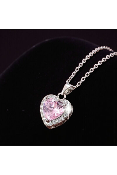 İNCİ sepette قلادة على شكل قلب، قلادة حب، سلسلة فولاذية، لون فضي، قلادة قلب مرصعة بحجر الزركون الوردي