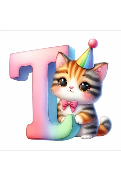 Promotional Print Autocolant de perete - litera T cu pisică, 30 cm, material ...