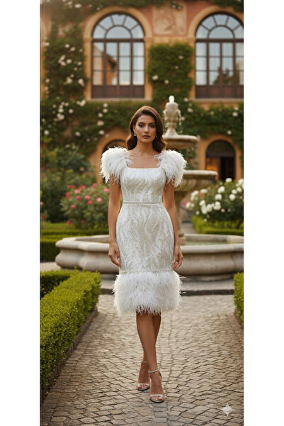 Zeyn KADIN ABİYE PAYET KUMAŞ KARE YAKA MİDİ BOY OTRİŞ DETAYLI ELBİSE